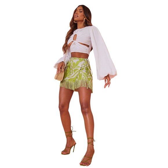 2/$30 NWT 4 Chartreuse Green Fringe Mini Wrap Skirt Abstract Pattern By PrettyLi - Picture 1 of 16